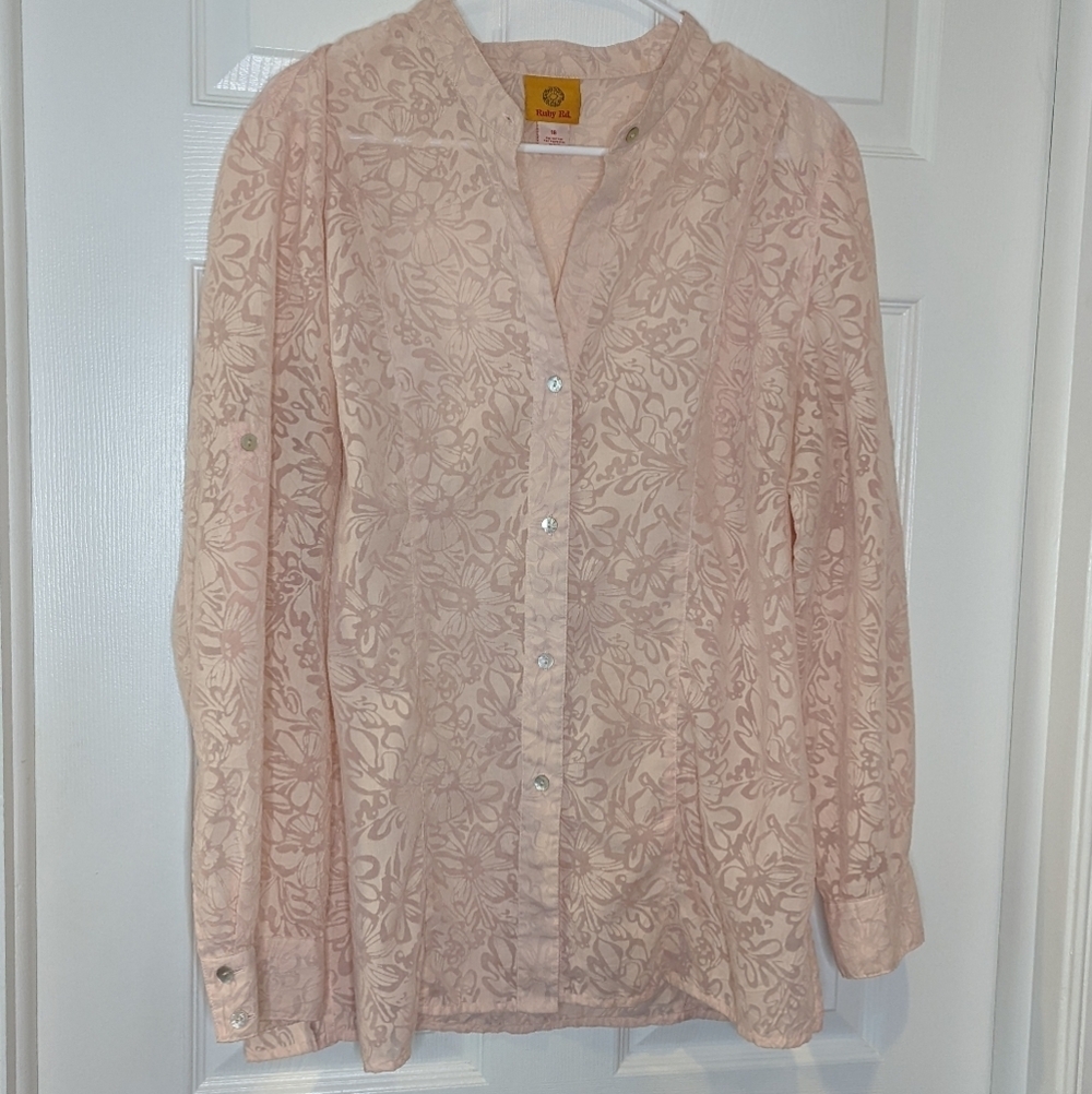 Ruby Rd Floral Button Down Pink Semi Sheer womens 16 - Picture 1 of 7